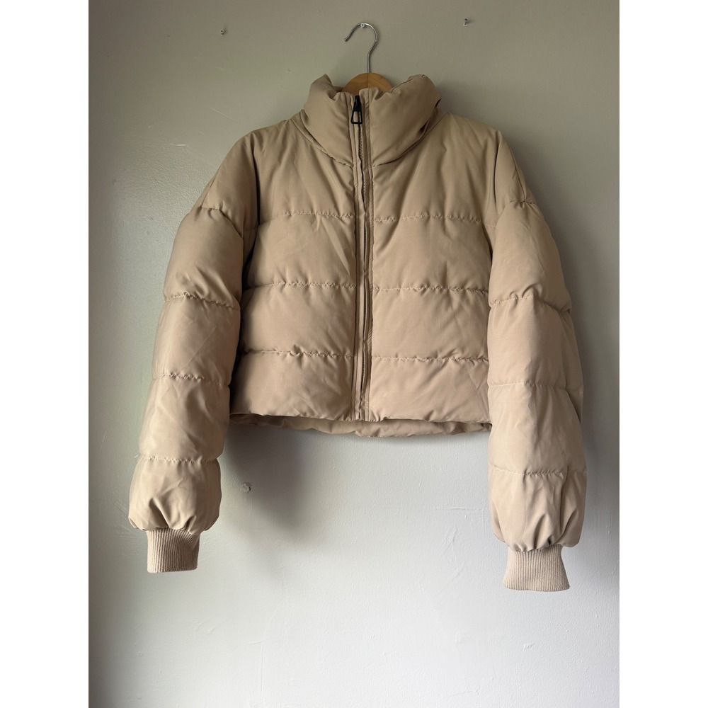 Princess Polly Tan Beige Cropped Puffer Jacket Full Zip Funnel Neck Womens S/M